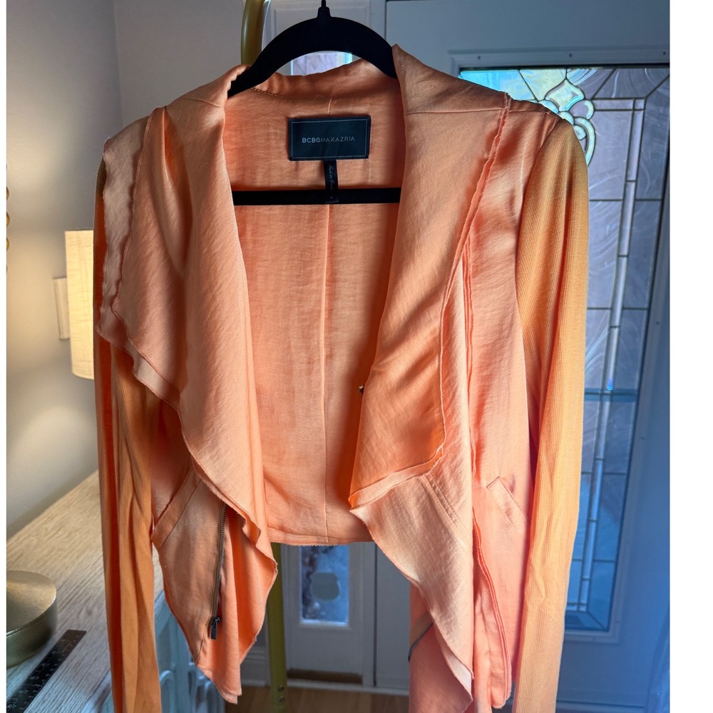 BCBGMAXAZRIA Womens‎ Peach Orange Draped Moto Jacket Mixed Media Size M